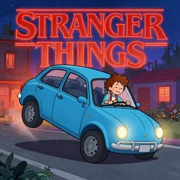 stranger things eleven flipping car cartoon style