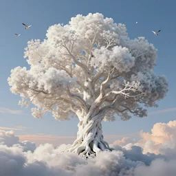 a beautiful digital painting of a marble tree made of clouds, intricate white branches and birds flying in the sunlight, blue sky at sunset, elegant, highly detailed, artstation, concept art, matte, sharp focus, art by tom bagshaw, kelogsloops and greg rutkowski