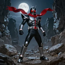 ((Biomechanical)) Kamen Rider!!!!!!!!!!!! with a red scarf billowing behind him standing in a rock quarry, full body single character, League of Legends Character Splash Art!!!!, rubber suit, Arcane style!!!!!, action scene, fight scene, good value control, high quality, 4k, ultra realistic, highly detailed, illustration, promotional image, matte painting, rule of thirds, centered, cinematography, moonlit night,