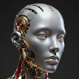 a melancholic realistic 8k Sculpture of a complex robotic human face, liquid simulation, dramatic lighting, silver gold red details, hexagonal mesh wire, filigree intricate details, cinematic, fleshy musculature, white blossoms, elegant, octane render, art nouveau, 8k post-processing, intricate artwork by marc simonetti