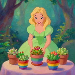 whimsical painting by Disney of a beautiful blonde woman with shoulder length hair in a forest green dress putting colorful succulents into rainbow pots at a square table