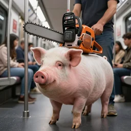 fat pig with a human height with a chainsaw in the subway, photo, photorealistic, detailed, 8 k, hdr, high quality, high resolution, lossless quality, lossless, 4 k, 1 6 k