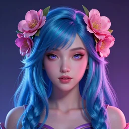 masterpiece portrait of a beautiful girl with with flowers in hair, in neon, full body shot, symmetrical face, cute - fine face, top lighting, sona form league of legends, art by charlie bowater, thomas river and artgerm, wlop, cryengine, lumion render, 8 k realistic hyper detailed, digital painting, artstation, concept art, ray tracing, realistic shaded