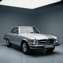 photo of a single retro mercedes car in a studio with cool looking lighting