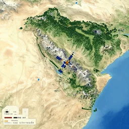 satellite map, desert, forest, mountains, art by moebius and thomas kinkade