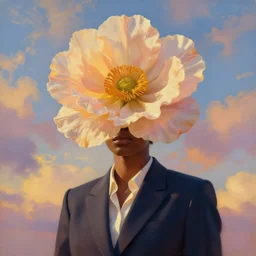 portrait, enormous flower as head, black woman in suit, surreal photography, golden hour, colorful clouds, impressionist painting, digital painting, artstation, simon stalenhag