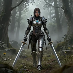 a matte painting of a female warrior with glowing blue eyes wearing battle worn mechanical armor wielding twin swords walking through the forest plains of north yorkshire, misty forest, apex legends armor, good value control, concept art, digital painting, sharp focus, symmetrical, segmented armor, single character full body, 4k, illustration, rule of thirds, sci-fi, elden ring, centered, moody colors, moody lighting, atmospheric