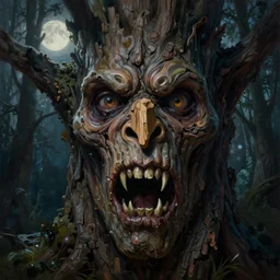 a talking oak tree, a face in the bark, nose made of wood, eyes in the bark, mouth in the bark, horror concept art, scary, sharp teeth, digital painting, oil painting, hyperrealistic, treebeard, ent, undead, monster, highly detailed, moonlight, very detailed eyes, artstation, cgsociety, in the forest, by alan lee, by artgerm