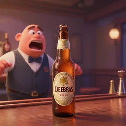 a drunken bottle of beer stands a bar yelling at the bar tender, pixar