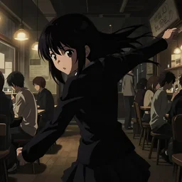 anime frames, anime visual, dark portrait of a young female visiting a busy cafe interior at night, cute face by ilya kuvshinov and, psycho pass, kyoani, dramatic lighting, dynamic pose, dynamic perspective, strong silhouette, anime cels, rounded eyes, moody, yoshinari yoh