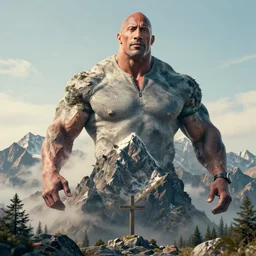 still of cross between large mountain & dwayne johnson, mountain made of dwayne johnson, 8 k, 8 5 mm, f. 1 4, beautiful composition