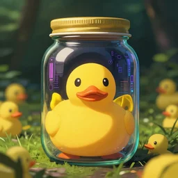 awesome logo on jar of a yellow rubber ducks with dark techno. synthwave colours, in the style of spirited away, hyperrealism, art by satoshi kon, lush detail, award winning, trending on artstation