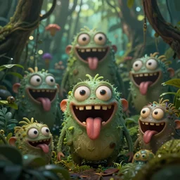 of an intricate murky jungle with strange cute friendly laughing creatures with huge eyes, long tongue, square teeth and funny face appearing from the foliage, in the style of shaun tan, macro lens, shallow depth of field, highly detailed, digital painting, trending artstation, concept art, illustration, cinematic lighting, vibrant colors, photorealism, epic, octane render