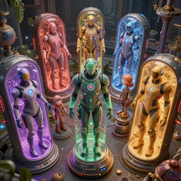 healing, diverse healing cybersuits, healing pods, macro, wide wide angle, vivid, elaborate, highly detailed, beautiful lighting