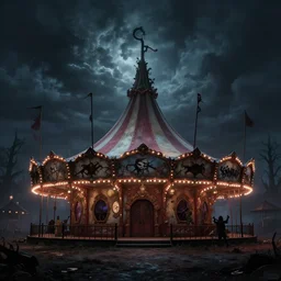 a matte painting of an evil haunted carnival with a dramatic sky by rodney mathews