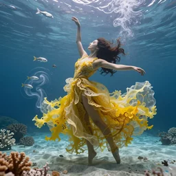 woman dancing underwater wearing a long flowing dress made of many translucent layers of yellow and gold lace seaweed, bolts of bright yellow fish, delicate coral sea bottom, swirling silver fish, swirling smoke shapes, unreal engine, caustics lighting from above, cinematic, hyperdetailed