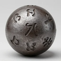 an iron ball with weird symbols engraved on it, the ball is on a pedestal. the light enter the room by a hole in the ceiling. closeup. renaissance style.