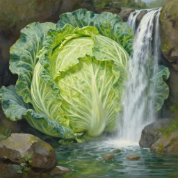 waterfall next to a gigantic cabbage, oil painting by jan matejko