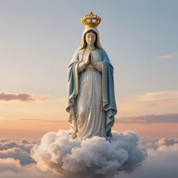 virgin mary statue made of tiny highly detailed cloud standing on clouds in sunset sky