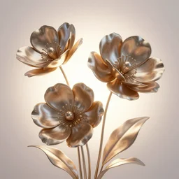 glossy metallic big flowers, modern studio light soft colour, backlight leaves