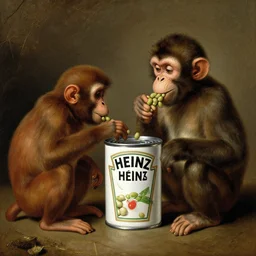 a tin can of heinz beans eating a monkey renaissance oil painting rembrandt