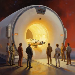 an exterior shot of a gigantic space station with a glowing windows mri machine millennium falcon maschinen krieger,stephen hickman, painterly, markus vogt, alejandro burdisio, pascal blanche, James Piack, warm saturated colours, dramatic space sky