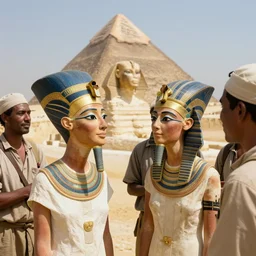 a rare candid photograph taken of young queen nefertiti and tutankhamun clearly showing their faces talking to workers with the construction of the khufu pyramid in the background, dslr