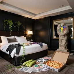 courgettes in a trashed luxury hotel bedroom, art supplies, clothes, vines, empty vegan pizza boxes, propaganda leaflets, a large stone sculpture, paint dripping from ceiling, black walls