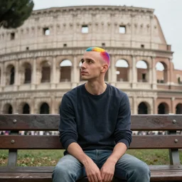 bald man, with multicoloured head, sitting on a bench, in rome, dreamy, hyperrealistic