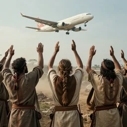 tribal worshippers raise their hands as a plane in the distance lands, epic scene, cinematic lighting, photorealistic, historical documentary, by greg rutkowski, by asher duran
