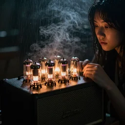 complete dark room vacuum tube amp glows part of girls face in smoky rainy air