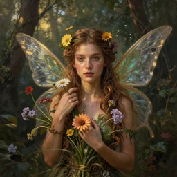 Captivating Fairy portrait, flowers, forest, atmospheric lighting, painted, intricate, golden hour, ultra detailed by Leesha Hannigan, Ross Tran, Thierry Doizon, Kai Carpenter,Ignacio Fernández Ríos