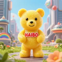 portrait of haribo bear in future city, color and shape focus, central composition, natural light, bloom,