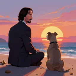 concept art by jama jurabaev, cel shaded, cinematic shot, trending on artstation, high quality, brush stroke, hyperspace, vibrant colors, keanu reeves as john wick and grey pitbull sit at a beach and look into the sunset