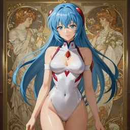 Rogue Anime sexy girl Ayanami Rei, hourglass slim figure, blue hair and attractive features, seductive smile, highly detailed, digital painting, artstation, concept art, sharp focus, illustration, art by artgerm and greg rutkowski and alphonse mucha