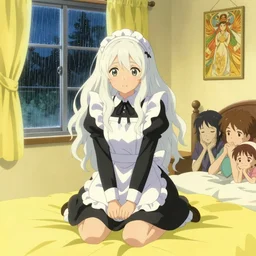 a girl in a maid's outfit in the bedroom a night, raining outside the window, yellow theme, wavy white long hair, by krenz cushart and mucha and akihito yoshida and greg rutkowski and makoto shinkai, 4 k resolution