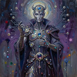 a cybernetic sorcerer, acrylic paint, oil paint, tempera paint, gouache paint, wet paint, dripping paint, splatter paint, spray paint, puffy paint, circuitry, bejeweled, glitter, sparkly, in a symbolic and meaningful style, insanely detailed and intricate, hypermaximalist, elegant, ornate, hyper realistic, super detailed