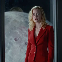 a still from bladerunner 2 0 4 9 of elle fanning looking anxiously at the camera in a tailored red suit standing next to a plate glass window. outside we see the surface of the moon. sci fi, futuristic, cinematic, soft lighting, sci fi, bladerunner, canon eos r 3, f / 3, iso 2 0 0, 1 / 1 6 0 s, 8 k, raw, unedited