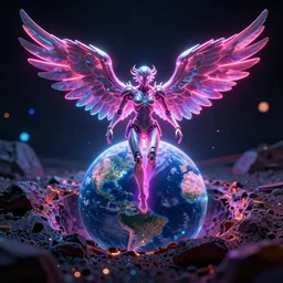 giants hybrid of human and angels coming out of the hole in the center of planet earth, tron, close up bokeh hiperrealistic neon glow darkness dramatic neon, sharp focus, octane render, imax