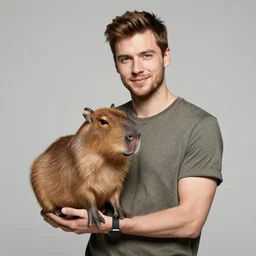 handsome chad holding a mini capybara in his hand, art by ilya kuvshinov