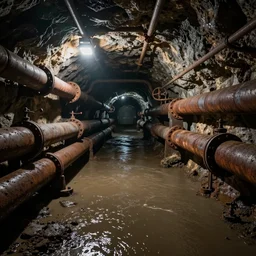 underground mine, flooded, dirty water, rusty pipes
