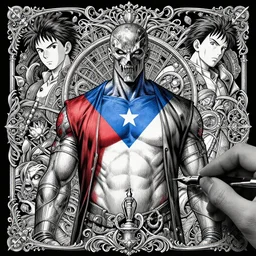 doomguy wearing a puerto rican flag, by hayao myazaki, by lee man fong, graphic novel, visual novel, graphite, fountain pen, digital art, comic book, field of view, tones of black in background, oled, insanely detailed and intricate, hypermaximalist, elegant, ornate, hyper realistic, super detailed