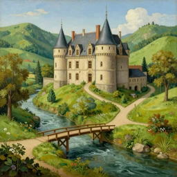 chateau in a green valley. river which has a wooden bridge. beautiful surrealistic painting by bosch. artgem, 8 k, detailed, happy
