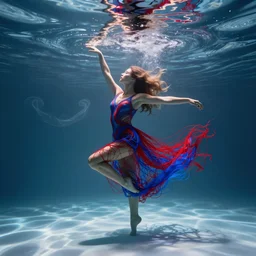 woman dancing underwater in long dress made of thin red and blue wires that is flowing in the current, caustics moving from sunlight above the waves, swirling smoke shapes in the background, futuristic