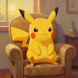 detailed oil painting of pikachu sitting in an armchair in a room with the setting sun, by thomas kinkade, rembrandt, golden hour