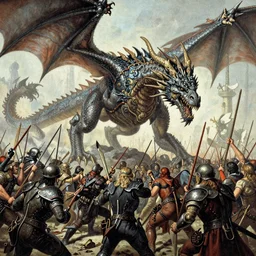 closeup of the greatest battle known to man or dragon, comic cover, hdr, intricate details, by Zdzislaw Beksinski, boris vallejo, giger, highly detailed, soft lighting, film grain, medium format, 8k resolution, oil on canvas