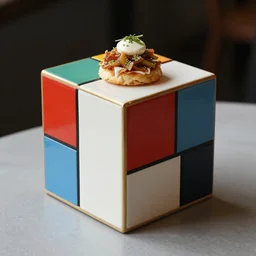 “cuisine arranged like a Mondrian cube, professional food photography”