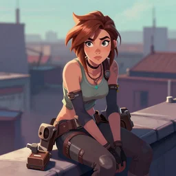 digital artwork of tracer sitting on a rooftop, in the style of artgerm, detailed face, expressive face, feminine face,