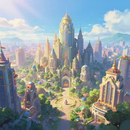 a beautiful solarpunk city, pixar and disney style, ghibli studio, masterpiece, high quality, highly detailed, high coherence, path traced, bloom, godrays crossing the scene, complementary colors, apocaliptic ambient, beautiful, elegant, breathtaking landscape, cute