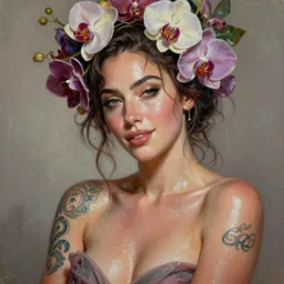 expressive oil painting, of saoirse ronan, seductive look, smirk, smooth glowing skin, glistening body, love, adoration, sweat, tattoos, ornate headpiece made from flowers orchids, glamour shot, by yoshitaka amano, by greg rutkowski, by jeremyg lipkinng, by artgerm, digital art, octane render, grunge aesthetic